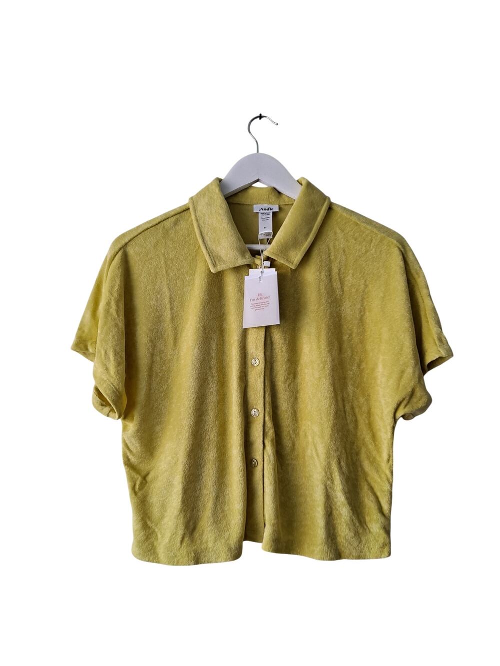 NWT Andie The Cropped Button Up Shirt Short Sleeve Top Terry Yellow Women Size M